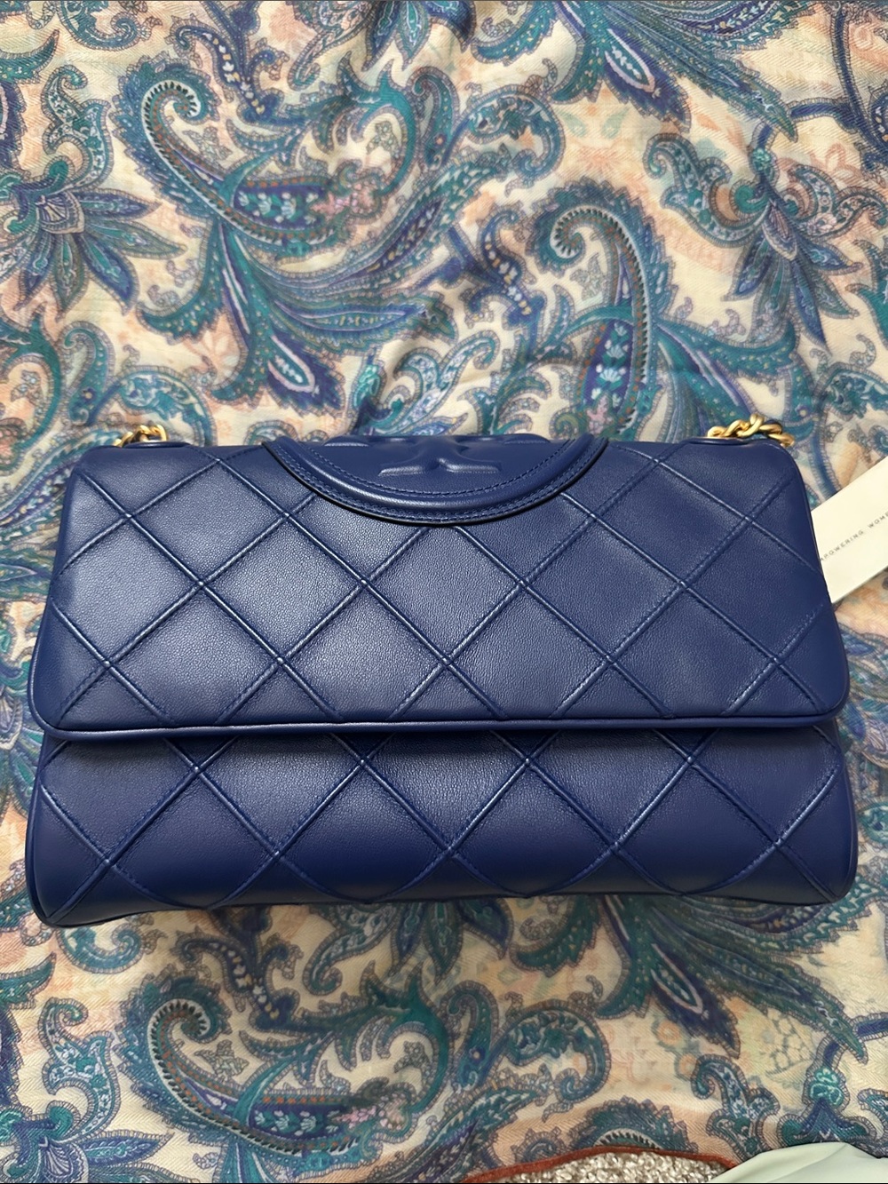Tory Burch Quilted Navy Blue Leather Shoulder Bag with Gold Chain